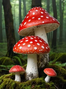 Фотография двух мухоморов в лесу, с яркими красными шляпками в белую крапинку, на фоне зеленого мха и деревьев.