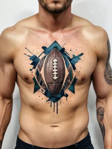 Фото татуировки на груди мужчины с изображением американского футбольного мяча, окруженного острыми графическими элементами и брызгами краски.