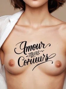 Романтическая татуировка с французской фразой 'Amour, Toujours' (Любовь навсегда), выполненная шрифтом с витиеватыми буквами, фотореалистичное изображение.