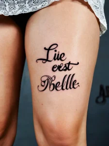Вдохновляющая татуировка с французской цитатой 'La Vie est Belle' (Жизнь прекрасна) о счастье, выполненная тонкой линией, фотореалистичное изображение.