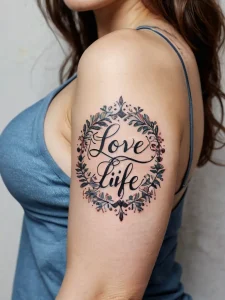 Фото тату на плече с надписью 'Love Life', заключенной в круг из цветов и листьев. Изящный рисунок татуировки в черных тонах.