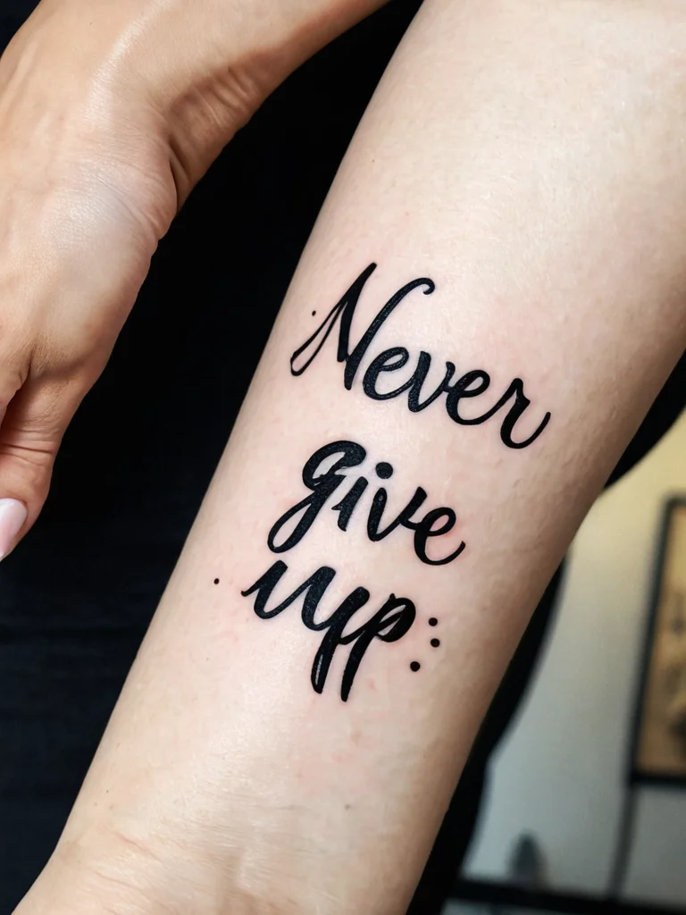 Аккуратная татуировка 'Never Give Up' тонким шрифтом на запястье, служащая личным напоминанием о пути и стойкости, на чистом фоне.