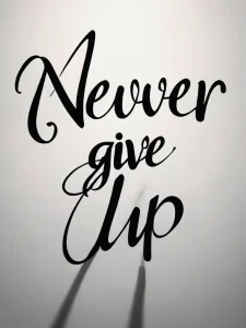Крупный план стильной татуировки с надписью 'Never Give Up', выполненной каллиграфическим шрифтом, символизирующей несгибаемую волю и стойкость, в драматическом освещении.