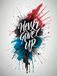 Фото тату с яркой надписью "Never Give Up" в стиле брызг краски. Мотивационный эскиз для тех, кто верит в себя.
