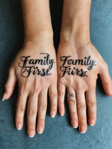 Фотография двух рук с татуировкой 'Family First' на ладонях. Татуировка выполнена черными чернилами в каллиграфическом стиле.