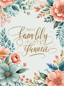 Изображение татуировки с надписью 'Family of the Heaven', окруженной красивыми цветами и листьями. Изображение выполнено в акварельном стиле с использованием нежных пастельных тонов.