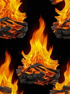 Бесшовный узор из пламени и углей, выполненный в ярких оранжевых и черных тонах, идеально подходит для фона или рукава.