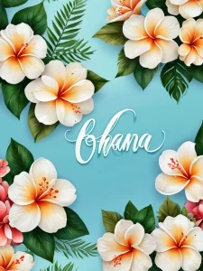 Минималистичная татуировка с надписью 'Ohana', украшенная изящными цветами и мягкими тенями, демонстрирующая утонченную визуализацию семейных уз.