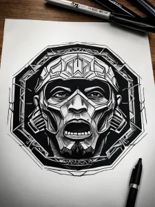 Черно-белый эскиз татуировки в стиле Blackwork, изображающий лицо, заключенное в сложные геометрические формы и узоры.