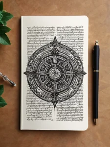 Фото татуировки мандалы, расположенной на фоне открытой старинной книги. Черно-белый рисунок, детализированный эскиз татуировки, мистический стиль.
