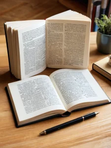 Фото двух открытых книг, ручки и карандаша на деревянной поверхности. Атмосферное изображение, вдохновляющее на чтение и творчество.