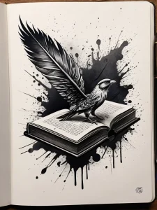 Черно-белый эскиз тату с изображением ворона, сидящего на открытой книге. Детализированный рисунок с брызгами чернил.