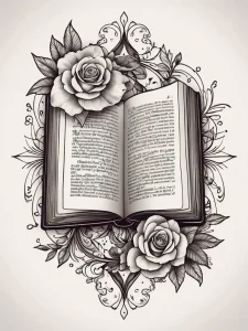 Фото татуировки розы, расположенной на фоне открытой старинной книги. Черно-белый рисунок, детализированный эскиз татуировки, винтажный стиль.