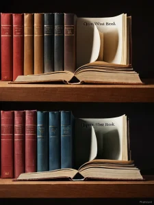 Фото тату с изображением книжной полки, заполненной старинными книгами, одна из которых раскрыта. Идеально для любителей литературы и чтения.