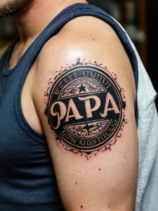 Фото татуировки на плече с надписью "Papa" в декоративном круге. Черно-белый рисунок в классическом стиле с орнаментальными элементами.