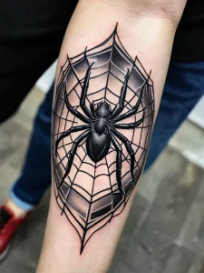 Фото тату паука в паутине на руке. Рисунок выполнен в стиле blackwork с использованием плотных черных заливок и четких линий.