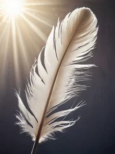 Фото тату белого пера, освещенного яркими лучами света, создающего эффект воздушности и нежности.