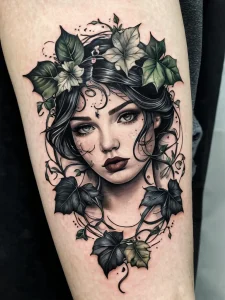 Изображение татуировки плюща в стиле blackwork или реализм, показывающее разнообразие эстетических решений для раскрытия индивидуальности и символизма привязанности и стойкости.