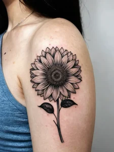 Фото тату подсолнуха в технике blackwork на плече. Монохромный рисунок, четкие линии, минималистичный стиль. Эскиз тату подсолнуха.