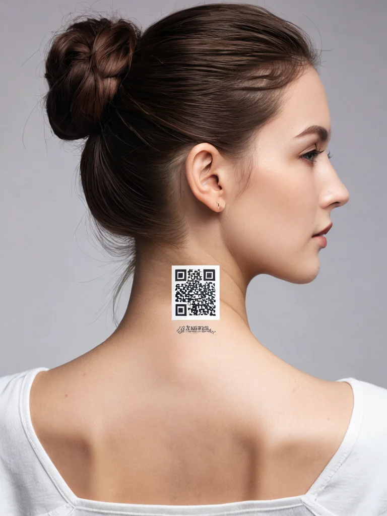 Элегантная и минималистичная татуировка QR-кода, деликатно расположенная на задней части шеи, частично прикрытая волосами, подчеркивающая изящность.
