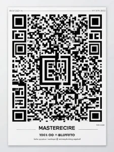 Фото абстрактной татуировки в виде QR-кода с элементами деконструкции и надписью 'MASTERECIRE'.