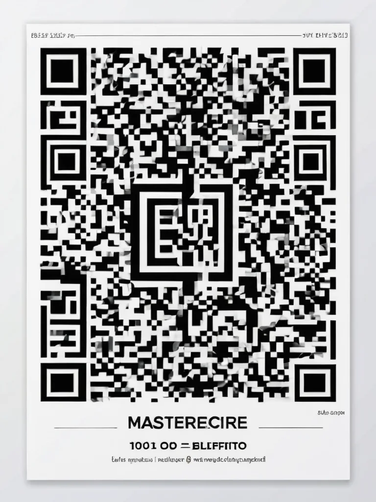 Дизайн татуировки QR-кода, представленный как технический чертеж с четкими линиями и геометрическими узорами, выполненный темными чернилами на белом фоне.