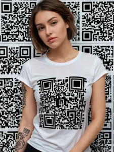 Фото татуировки в виде QR-кода на теле девушки, на фоне повторяющегося узора из QR-кодов.