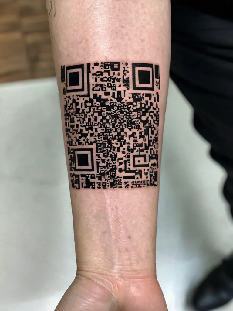 Татуировка QR-кода на предплечье, символизирующая связь и передачу информации, с элементами современных технологий и светящимся потоком данных.