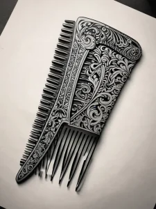 Фото тату расчески, украшенной сложным орнаментом в стиле blackwork. Изысканный рисунок татуировки с высокой детализацией.