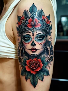 Фото татуировки на плече: красочный рисунок в стиле Sugar Skull с цветами, деталями и ярким макияжем.
