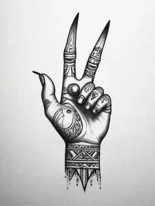 Черно-белая татуировка руки, выполненная в технике DOTWORK, с геометрическими узорами и символами на пальцах и тыльной стороне ладони.