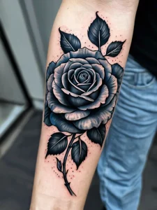 Фото тату: черно-белая татуировка розы на предплечье, выполненная в стиле blackwork с использованием плотных черных линий и точек. Стильный рисунок татуировки.