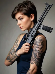 Фото женщины с татуировкой на руке, держащей оружие. Детализированный рисунок татуировки с изображением цветов и бабочек.