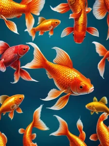 Фото тату с изображением нескольких золотых рыбок на темно-синем фоне. Рыбки разных размеров и оттенков оранжевого.