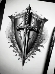 Черно-белый эскиз тату: меч, пронзающий щит, с эффектом брызг краски, динамичная композиция.