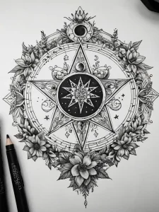 Красивый эскиз татуировки в стиле blackwork, изображающий пятиконечную звезду, окруженную цветами, луной и другими мистическими символами. Детализированный рисунок.