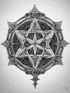Черно-белый эскиз татуировки в стиле blackwork, изображающий сложную геометрическую композицию из переплетенных линий и фигур, образующих пятиконечную звезду.