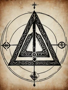 Фото эскиза тату в стиле blackwork с изображением треугольника, заключенного в круг. Мистический дизайн с использованием тонких линий.