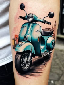 Фотография татуировки на руке, изображающей классический скутер Vespa на фоне городского пейзажа. Татуировка выполнена в реалистичном стиле с яркими цветами.