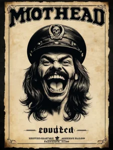 Фото тату с изображением Лемми Килмистера, вокалиста Motörhead, в стиле старой школы. Черно-белый рисунок с детальной проработкой лица и кепки.