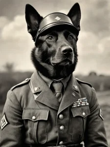 Фотография немецкой овчарки в военной форме и каске времен Второй мировой войны, выполненная в черно-белом стиле.