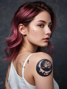 Татуировка созвездия Скорпиона, дополненная изображением луны и розы, для усиления значения татуировки.