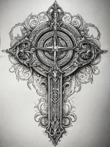 Черно-белый эскиз татуировки креста, выполненный в стиле blackwork с использованием сложных узоров и орнаментов.