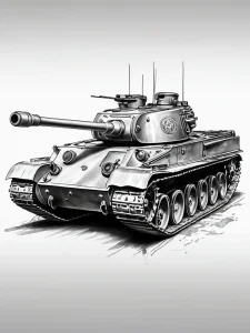 Фото эскиза татуировки танка, выполненного в черно-белом графическом стиле. Четкие линии и детализированная прорисовка.