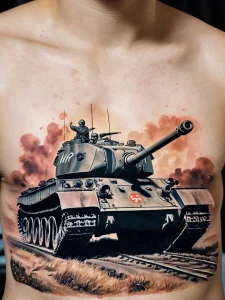 Фото тату: танк в бою на мужском торсе. Реалистичный рисунок с изображением взрывов и дыма.