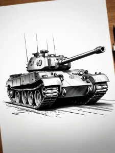 Фото эскиза татуировки танка. Черно-белый рисунок с четкими линиями и детальной проработкой.