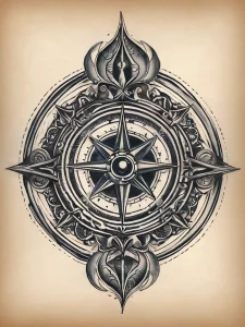 Фото тату компаса в стиле blackwork. Детализированный рисунок с использованием черных линий и теней. Эскиз татуировки.