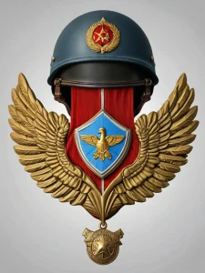 Детальная фотореалистичная татуировка символа ВДВ с парашютом, крыльями и шлемом, отражающая историческую значимость и доблесть войск.