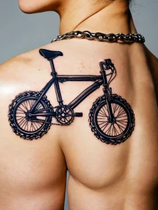 Фото татуировки горного велосипеда на спине. Черно-белый рисунок, выполненный в реалистичном стиле, с детальной проработкой всех элементов.
