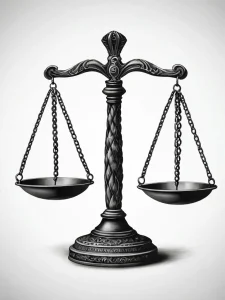 Черно-белое фото эскиза татуировки с изображением весов правосудия. Четкие линии и детализированная проработка символизируют справедливость и закон.
